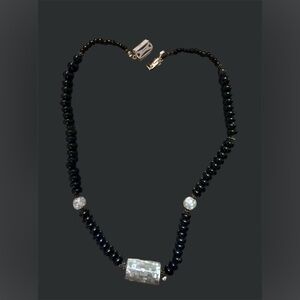 Vintage black onyx beaded necklace & mother of pearl and sterling silver accents